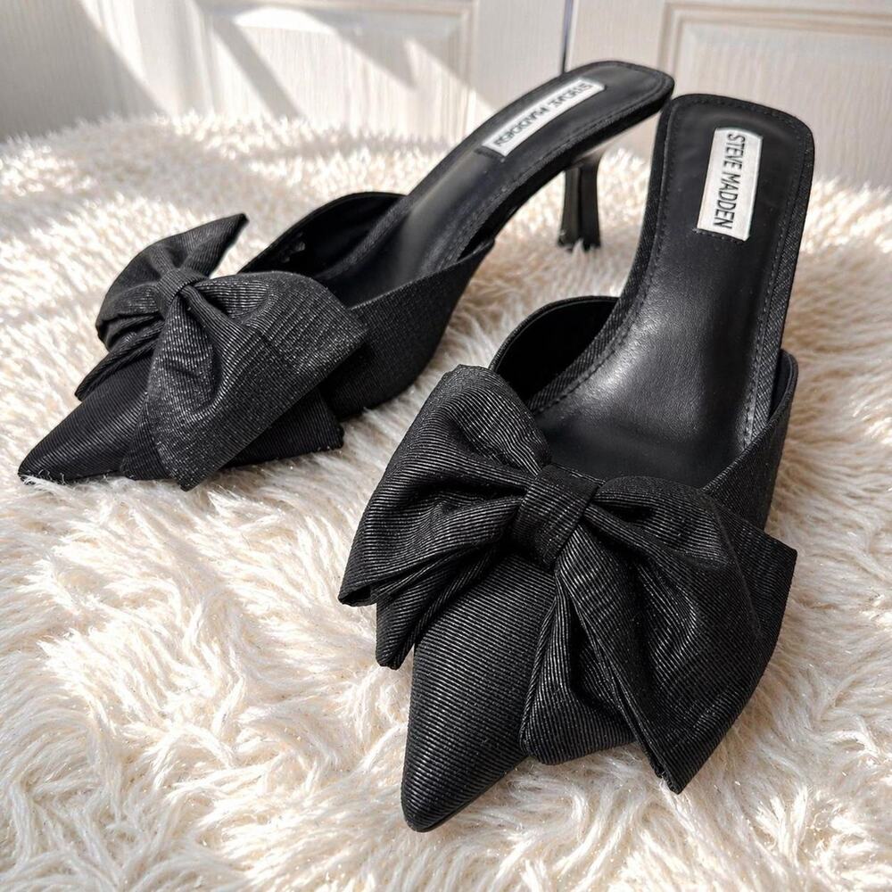 Steve Madden Y2K Black Bow Pointed Toe Mules Kitten Heel Slip On Pumps